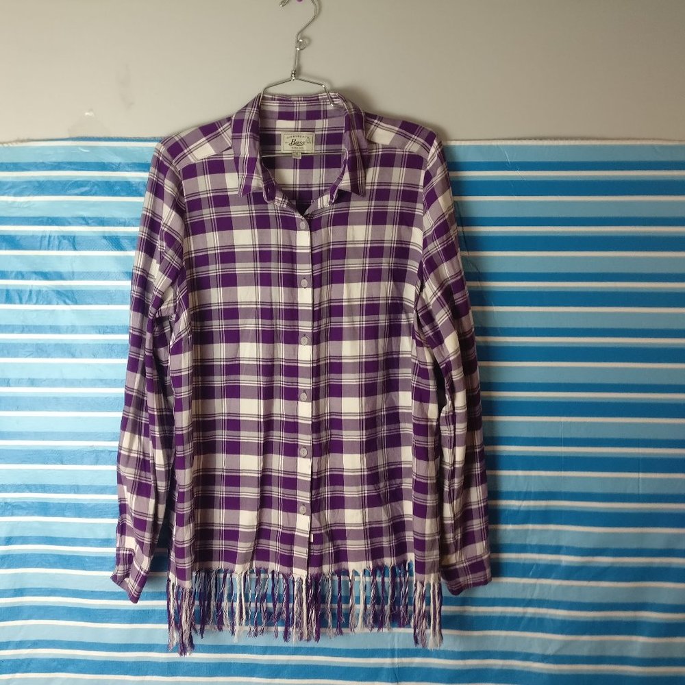 Purple Gingham plaid Western Fringed hem Long sleeve Button down Shirt, M